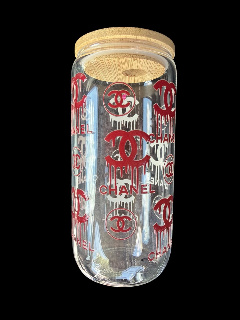Designer-Inspired Clear Glass Sipper with Red Logos and Wood Lid
